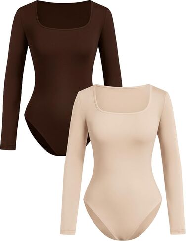 Girl's 2 Pack Long Sleeve T Shirt Bodysuit Square Neck Slim Fit Leotard Romper Jumpsuit Fall Tops in Saudi Arabia