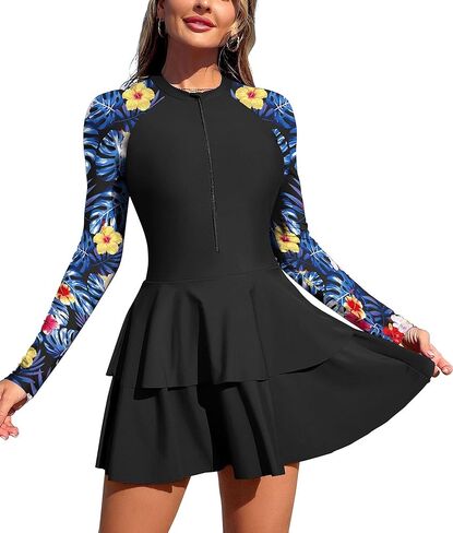 ZAFUL Women's One Piece Rash Guard Long Sleeve Modest Swimsuits Dress Zipper Bathing Suit Swimskirt in Kuwait
