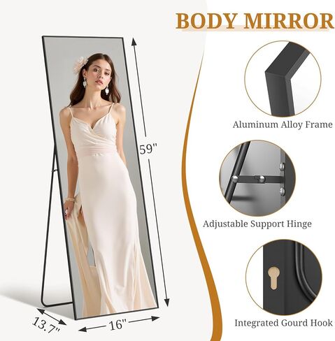 Full Length Mirror 56"x15" Full Body Mirror Arched Free Standing Wall Mounted Leaning Floor Mirrors with Stand Aluminum Alloy Frame for Bedroom Cloakroom, Gold in Saudi Arabia