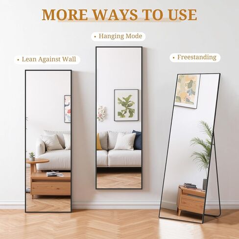 Full Length Mirror 56"x15" Full Body Mirror Arched Free Standing Wall Mounted Leaning Floor Mirrors with Stand Aluminum Alloy Frame for Bedroom Cloakroom, Gold in Saudi Arabia