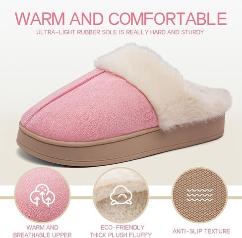 Women's Fuzzy Memory Foam Slippers Comfy Soft Winter Slip On House Slippers Bedroom Shoes with Warm Plush Lining and Indoor Outdoor Soles in Saudi Arabia