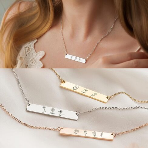 Anavia Personalized Birthday Month Flowers Necklace, Personalized Engraved Floral Bar Necklace, Customized Birthday Gifts Love Jewelry Mom Sister Friends Family Couple Long Distance in Saudi Arabia