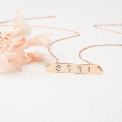 Anavia Personalized Birthday Month Flowers Necklace, Personalized Engraved Floral Bar Necklace, Customized Birthday Gifts Love Jewelry Mom Sister Friends Family Couple Long Distance in Saudi Arabia