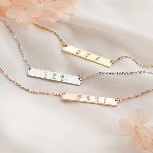 Anavia Personalized Birthday Month Flowers Necklace, Personalized Engraved Floral Bar Necklace, Customized Birthday Gifts Love Jewelry Mom Sister Friends Family Couple Long Distance in Saudi Arabia