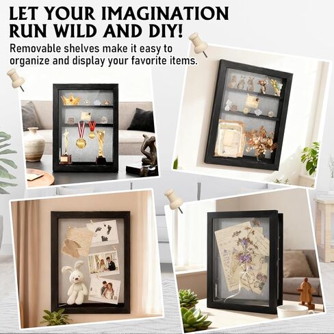 صندوق الظل مقاس 14 × 11 حافظات عرض إطارات الصور السوداء مع ضوء LED، وصناديق تذكارات الذاكرة مع 4 أرفف حلية قابلة للإزالة، للاحتفال بالذكرى السنوية لحفلات الزفاف وخريجي الأطفال التذكارية القديمة المتعثرة in Kuwait