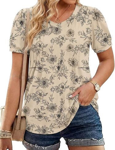 IN'VOLAND Plus Size Tops for Women Summer Puff Short Sleeve Tunic Pleated V Neck Shirts Casual Floral Solid Blouse in Kuwait