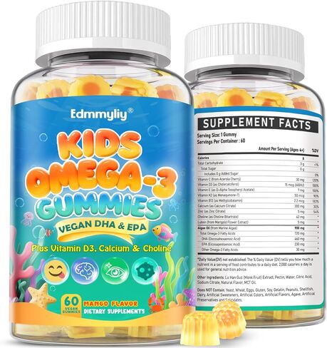 Kids Omega 3 Gummies - Algae Omega3 with Choline, Lutein, Vitamin D3 B12, Calcium, Zinc for Kids Brain Development, Eye, Energy & Immune Support - Daily Omega 3 Gummy - Sugar-Free & No Fish Taste in Saudi Arabia