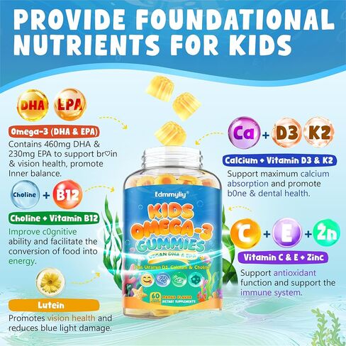 Kids Omega 3 Gummies - Algae Omega3 with Choline, Lutein, Vitamin D3 B12, Calcium, Zinc for Kids Brain Development, Eye, Energy & Immune Support - Daily Omega 3 Gummy - Sugar-Free & No Fish Taste in Saudi Arabia