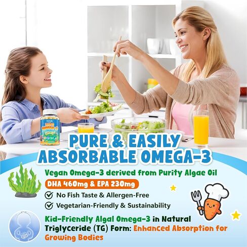 Kids Omega 3 Gummies - Algae Omega3 with Choline, Lutein, Vitamin D3 B12, Calcium, Zinc for Kids Brain Development, Eye, Energy & Immune Support - Daily Omega 3 Gummy - Sugar-Free & No Fish Taste in Saudi Arabia