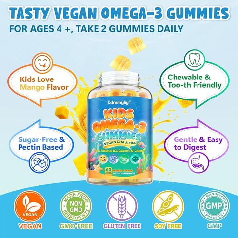 Kids Omega 3 Gummies - Algae Omega3 with Choline, Lutein, Vitamin D3 B12, Calcium, Zinc for Kids Brain Development, Eye, Energy & Immune Support - Daily Omega 3 Gummy - Sugar-Free & No Fish Taste in Saudi Arabia