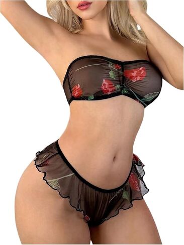 SOLY HUX Women's Floral Print Mesh Sheer Lingerie Set Ruched Strapless Bandeau Bra and Ruffle Panty Underwear Sets in Saudi Arabia