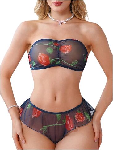 SOLY HUX Women's Floral Print Mesh Sheer Lingerie Set Ruched Strapless Bandeau Bra and Ruffle Panty Underwear Sets in Saudi Arabia