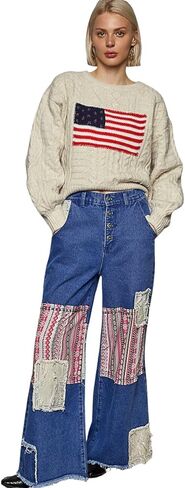American Flag Cable Knit Sweater, Cream Cotton Long Sleeve, Oversized Fit, Patriotic Design in Saudi Arabia