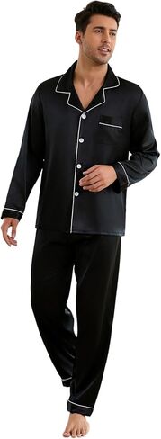 Silk Pajamas for Men Long Sleeve Pj Set Men's Pajama Sets Button-down Satin Silk Pjs Mens Pajamas Set Pjs S ets in Saudi Arabia