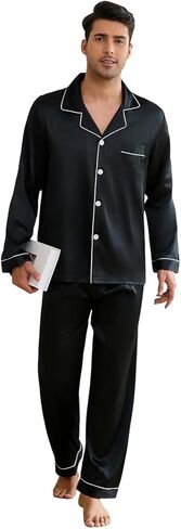 Silk Pajamas for Men Long Sleeve Pj Set Men's Pajama Sets Button-down Satin Silk Pjs Mens Pajamas Set Pjs S ets in Saudi Arabia