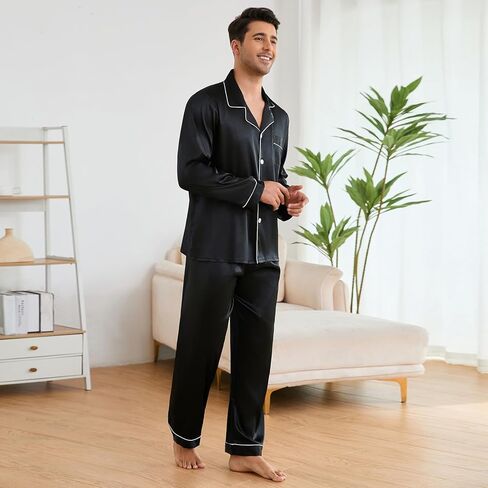 Silk Pajamas for Men Long Sleeve Pj Set Men's Pajama Sets Button-down Satin Silk Pjs Mens Pajamas Set Pjs S ets in Saudi Arabia