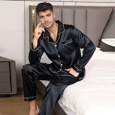 Silk Pajamas for Men Long Sleeve Pj Set Men's Pajama Sets Button-down Satin Silk Pjs Mens Pajamas Set Pjs S ets in Saudi Arabia