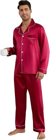 Silk Pajamas for Men Long Sleeve Pj Set Men's Pajama Sets Button-down Satin Silk Pjs Mens Pajamas Set Pjs S ets in Saudi Arabia