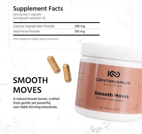 Centenarius Nutrition Smooth Moves – Gentle Botanical Bowel Support Blend with Cascara Sagrada & Aloe Ferox – Natural Digestive Balance, Occasional Relief, Non-Habit Forming Daily Comfort Capsules in Saudi Arabia