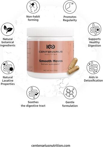 Centenarius Nutrition Smooth Moves – Gentle Botanical Bowel Support Blend with Cascara Sagrada & Aloe Ferox – Natural Digestive Balance, Occasional Relief, Non-Habit Forming Daily Comfort Capsules in Saudi Arabia