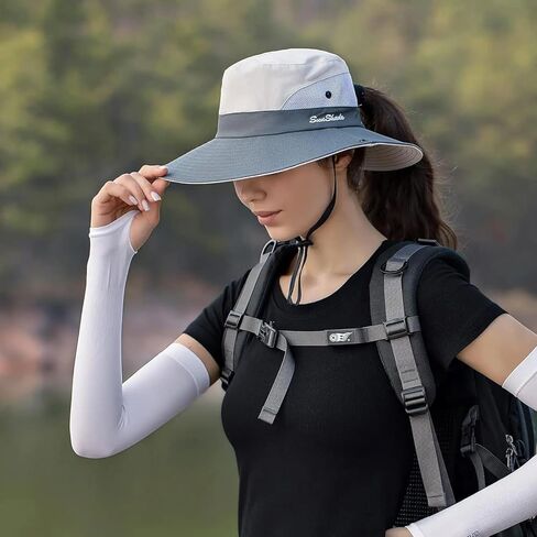 Sun Hats for Women Men, Sun Protection Breathable Mesh Fishing Hat, Foldable Waterproof Wide Brim Hat with Ponytail for Outdoor Beach Hiking Gardening Outdoor, Beige Grey in Saudi Arabia