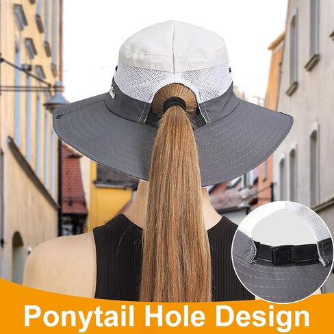 Sun Hats for Women Men, Sun Protection Breathable Mesh Fishing Hat, Foldable Waterproof Wide Brim Hat with Ponytail for Outdoor Beach Hiking Gardening Outdoor, Beige Grey in Saudi Arabia