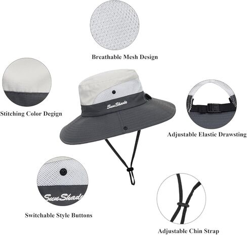 Sun Hats for Women Men, Sun Protection Breathable Mesh Fishing Hat, Foldable Waterproof Wide Brim Hat with Ponytail for Outdoor Beach Hiking Gardening Outdoor, Beige Grey in Saudi Arabia