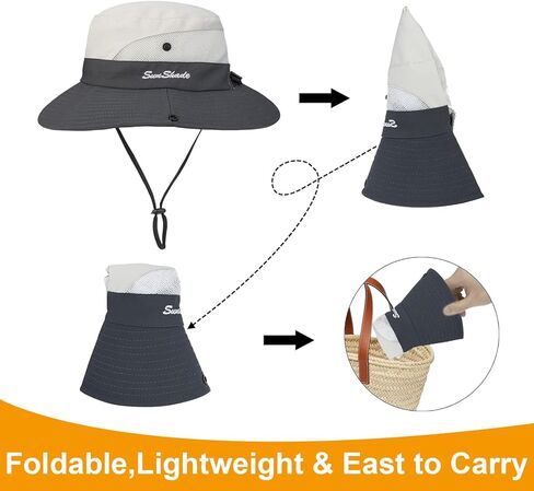 Sun Hats for Women Men, Sun Protection Breathable Mesh Fishing Hat, Foldable Waterproof Wide Brim Hat with Ponytail for Outdoor Beach Hiking Gardening Outdoor, Beige Grey in Saudi Arabia