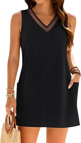 Blooming Jelly Womens Swimsuit Coverup Bathing Suit Eyelet Beach Dresses Mesh V Neck Sleeveless Cover Ups with Pockets in Saudi Arabia