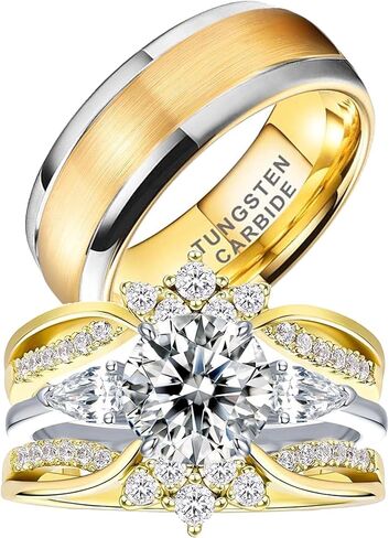 1.5CT CZ Wedding Ring Set for Women & Men Yellow Gold Plated Bridal Couple Rings Tungsten Ring Elegant Wedding Band in Kuwait