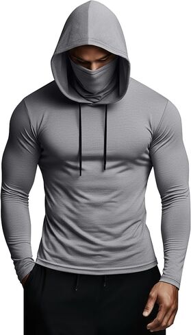 Men's Compression Hoddie with Face Mask Sweatshirt Long Sleeve Thermal Base Layer Top Active Running Pullover in Saudi Arabia