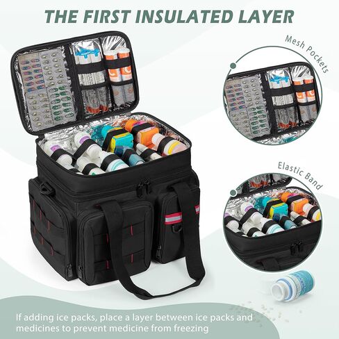 Medicine Organizer Bag with Insulated Pocket for Travel, Pill Bottle Storage Bag with 4 Customized Dividers & Shoulder Strap for Medication, Insulin and First Aid Supplies, Black (Bag ONLY) in Saudi Arabia