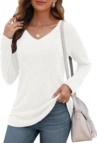 AUSELILY Womens Long Sleeve Tunic Tops Casual V Neck Lightweight Shirts Loose Sweatshirt 2025 in Saudi Arabia