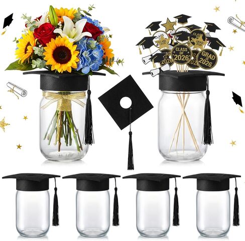 6 Pcs 6 Pcs Graduation Decorations Class of 2026 Mason Jar Table Centerpiece with Graduation Cap with Hole and Tassel for Flowers and Grad Centerpieces Sticks 2026 Table Toppers Favor (Black) in Saudi Arabia