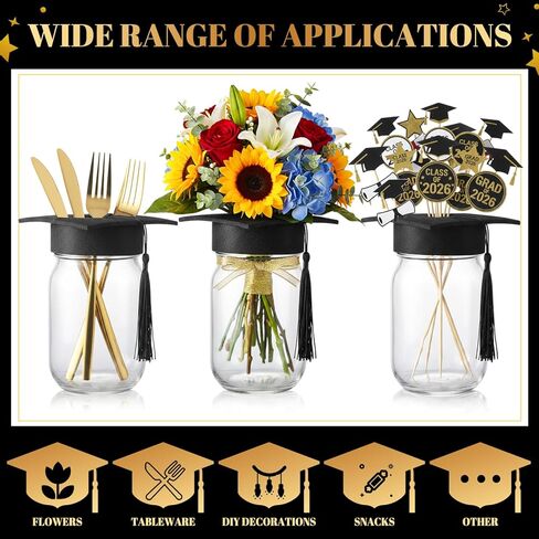 6 Pcs 6 Pcs Graduation Decorations Class of 2026 Mason Jar Table Centerpiece with Graduation Cap with Hole and Tassel for Flowers and Grad Centerpieces Sticks 2026 Table Toppers Favor (Black) in Saudi Arabia