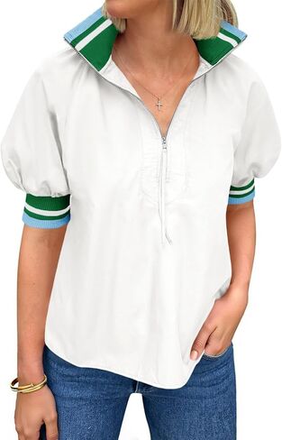 Tankaneo Womens Puff Sleeve Tops Blouse Color Block Half Zip V Neck Pullover Trendy Summer Casual Loose Fit Shirts in Saudi Arabia
