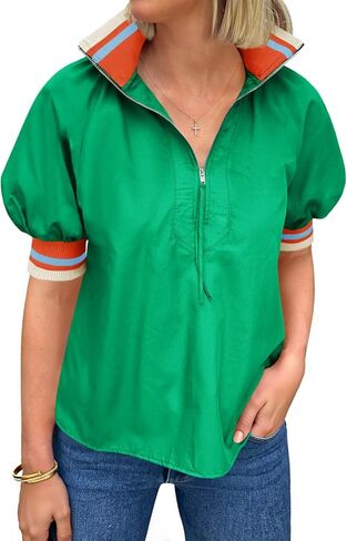 Tankaneo Womens Puff Sleeve Tops Blouse Color Block Half Zip V Neck Pullover Trendy Summer Casual Loose Fit Shirts in Saudi Arabia