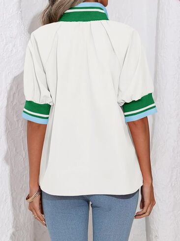 Tankaneo Womens Puff Sleeve Tops Blouse Color Block Half Zip V Neck Pullover Trendy Summer Casual Loose Fit Shirts in Saudi Arabia