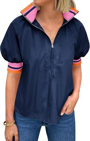 Tankaneo Womens Puff Sleeve Tops Blouse Color Block Half Zip V Neck Pullover Trendy Summer Casual Loose Fit Shirts in Saudi Arabia