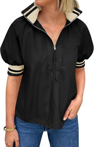 Tankaneo Womens Puff Sleeve Tops Blouse Color Block Half Zip V Neck Pullover Trendy Summer Casual Loose Fit Shirts in Saudi Arabia