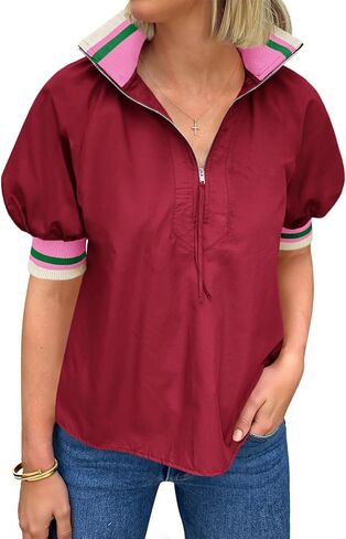 Tankaneo Womens Puff Sleeve Tops Blouse Color Block Half Zip V Neck Pullover Trendy Summer Casual Loose Fit Shirts in Saudi Arabia