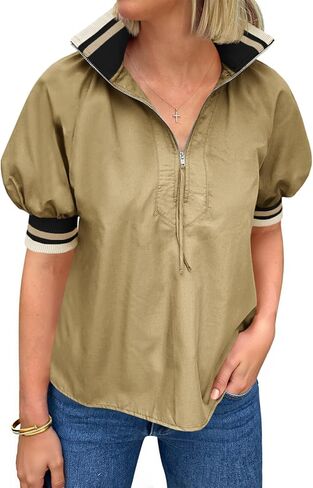 Tankaneo Womens Puff Sleeve Tops Blouse Color Block Half Zip V Neck Pullover Trendy Summer Casual Loose Fit Shirts in Saudi Arabia