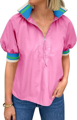 Tankaneo Womens Puff Sleeve Tops Blouse Color Block Half Zip V Neck Pullover Trendy Summer Casual Loose Fit Shirts in Saudi Arabia