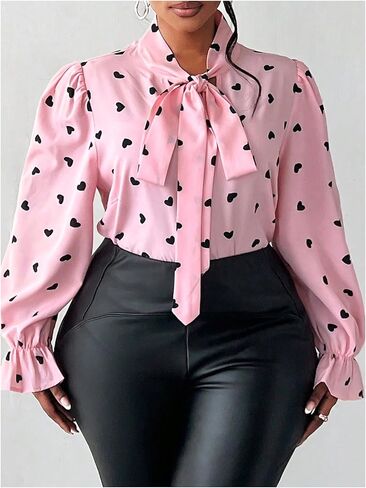 WDIRARA Women's Plus Size Heart Print Blouse Tie Neck Long Sleeve Shirt Tops in Kuwait