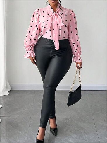 WDIRARA Women's Plus Size Heart Print Blouse Tie Neck Long Sleeve Shirt Tops in Kuwait