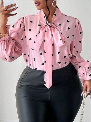 WDIRARA Women's Plus Size Heart Print Blouse Tie Neck Long Sleeve Shirt Tops in Kuwait