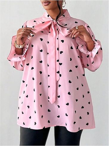 WDIRARA Women's Plus Size Heart Print Blouse Tie Neck Long Sleeve Shirt Tops in Kuwait