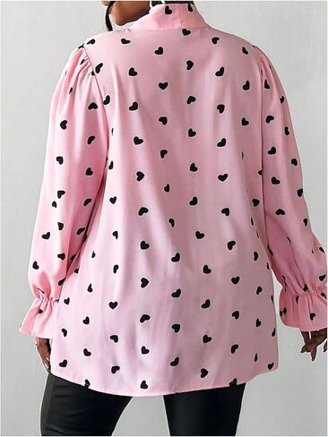 WDIRARA Women's Plus Size Heart Print Blouse Tie Neck Long Sleeve Shirt Tops in Kuwait