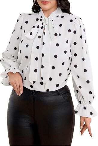 WDIRARA Women's Plus Size Heart Print Blouse Tie Neck Long Sleeve Shirt Tops in Kuwait