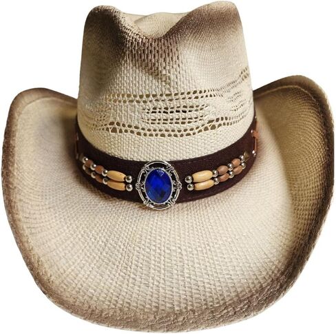 Western Straw Cowboy Hat with Beaded Band, Blue Stone Accent, Vented Crown, Natural in Saudi Arabia